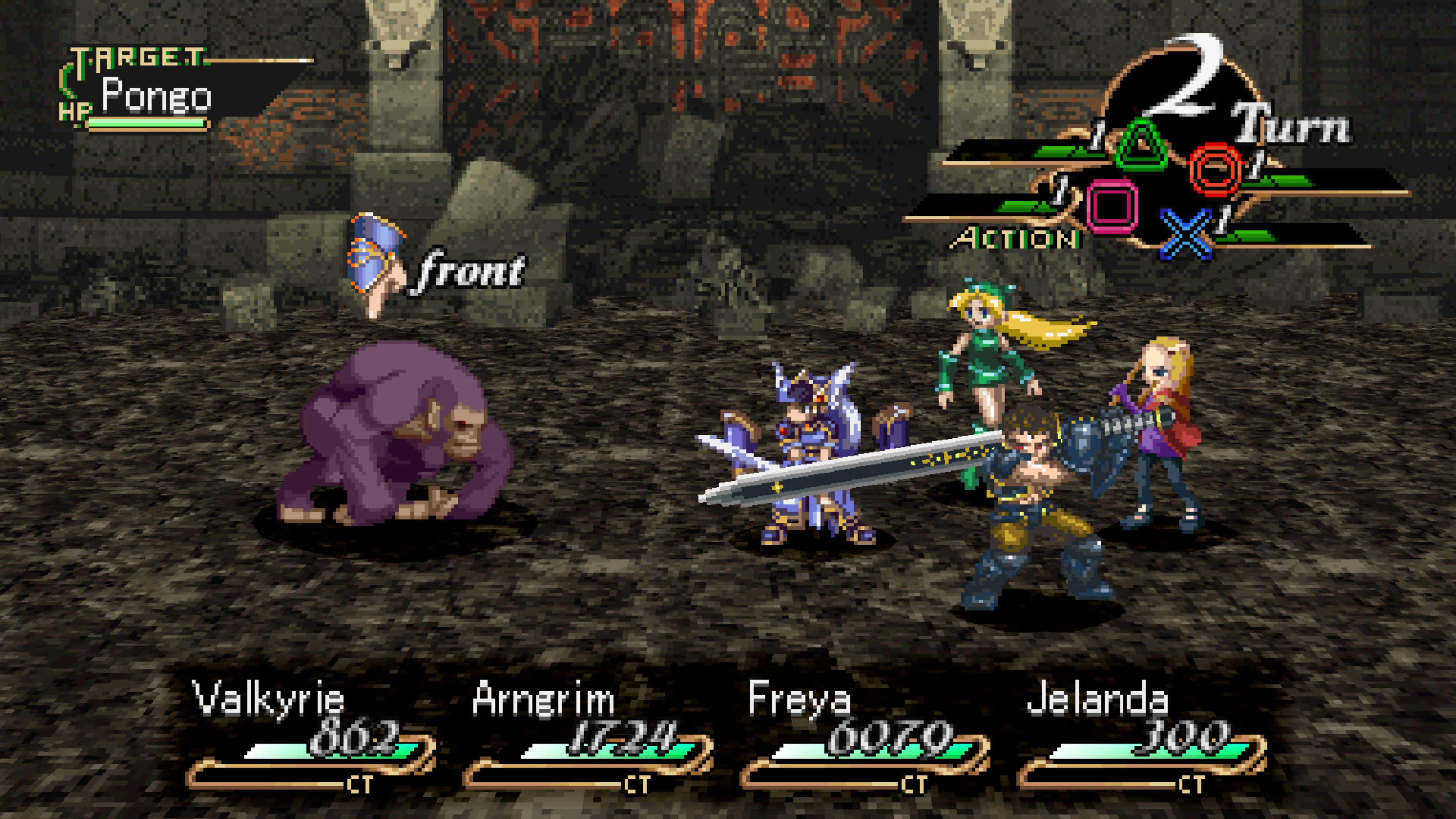 Party of 4 warriors facing a gorilla in a pixelized dungeon